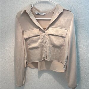 Zara Beige Cropped Button-Up Shirt